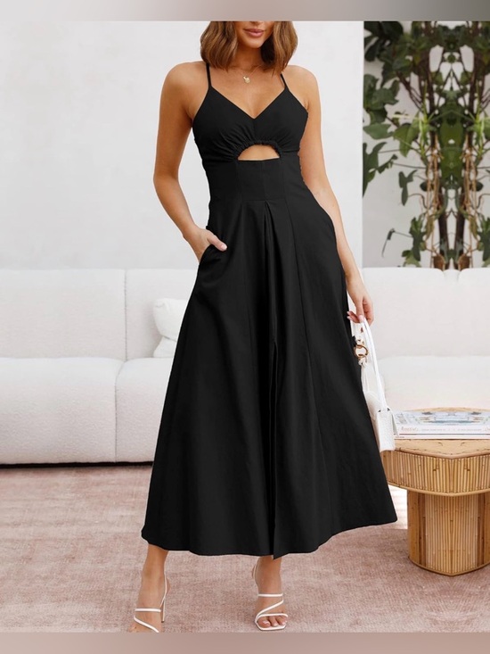 BTFBM Dresses & Skirts - Black Spaghetti Strap Cutout Maxi Dress A-Line Slit Beach Vacation Sundress - M